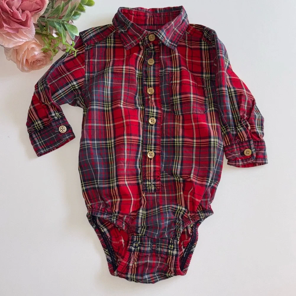 Christmas Plaid Boy Bodysuit Oxford Shirt Oshkosh 12M Christmas Baby Boy